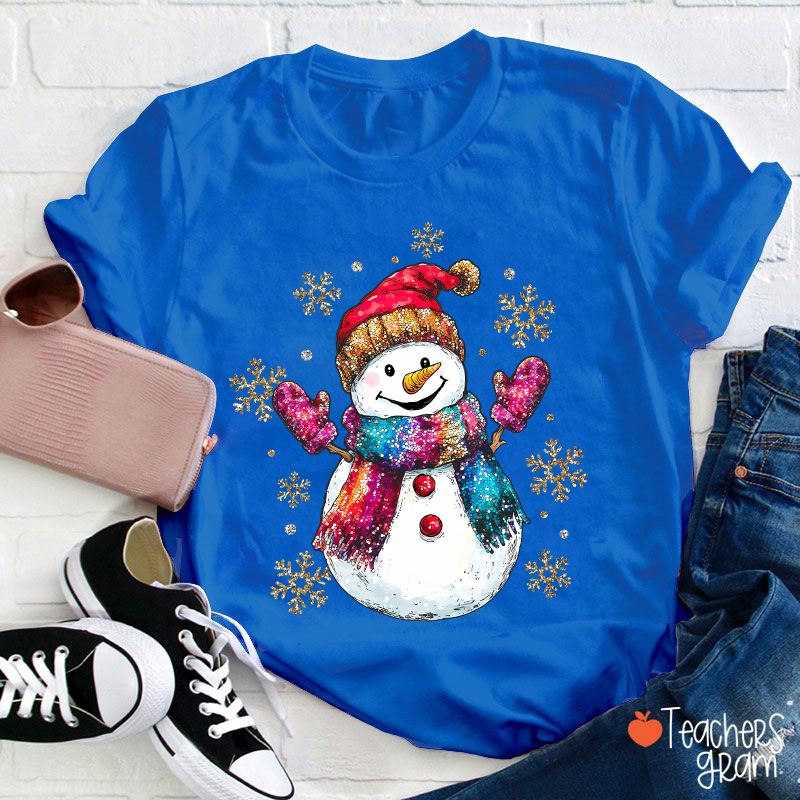 Colorful Scarves Snowman Teacher T-Shirt
