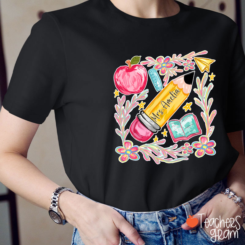 Flowers Pencil Apple Book Star Teacher T-Shirt