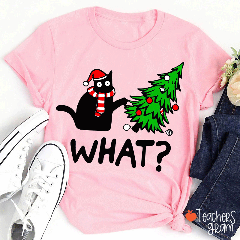 Cat Pushes Christmas Tree Teacher T-Shirt