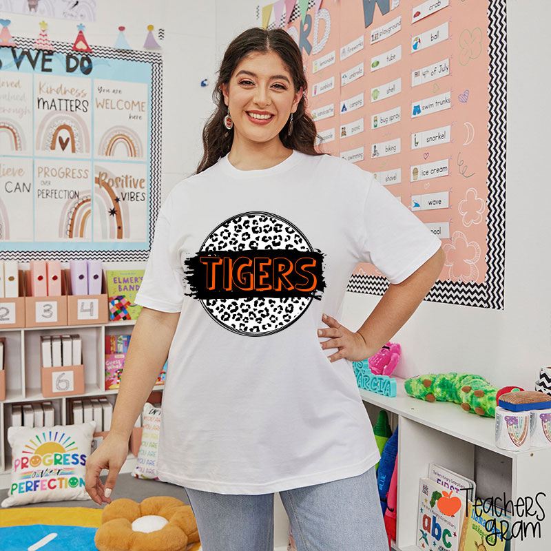 Personalized  Mascot Round Leopard Print Teacher T-Shirt