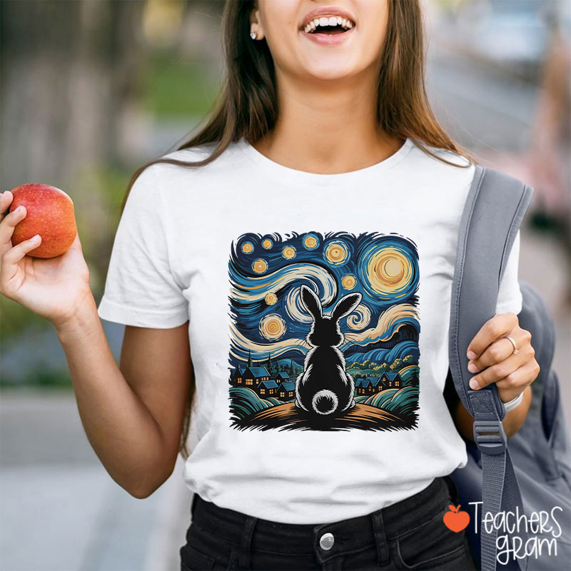 Starry Night Van Gogh Rabbit Teacher T-Shirt
