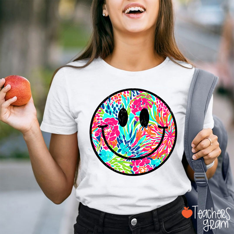 Smile Face Summer Floral Retro Beach Vibes Teacher T-Shirt