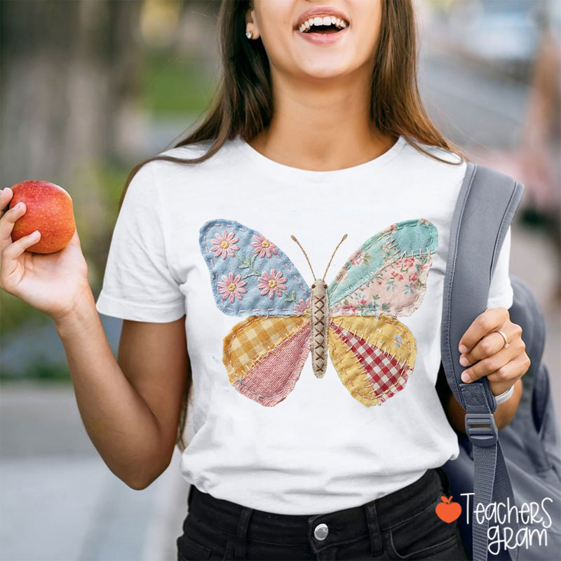 Faux Patchwork Butterfly Teacher T-Shirt