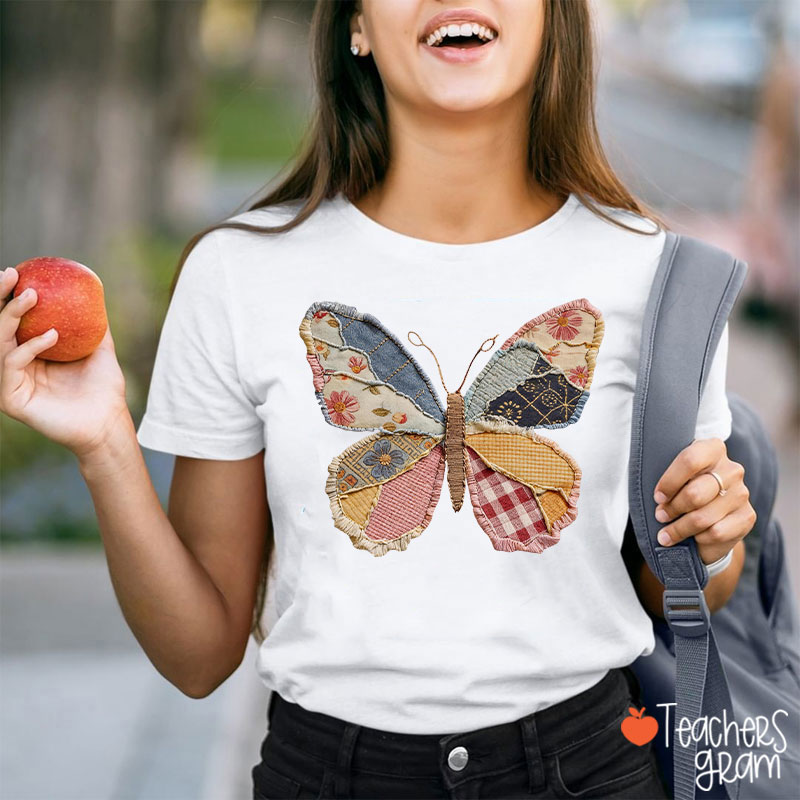 Faux Patchwork Butterfly Teacher T-Shirt