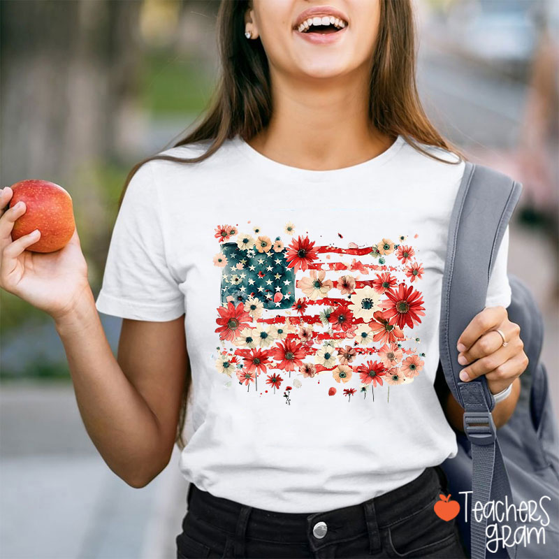 American Flag Floral Teacher T-Shirt