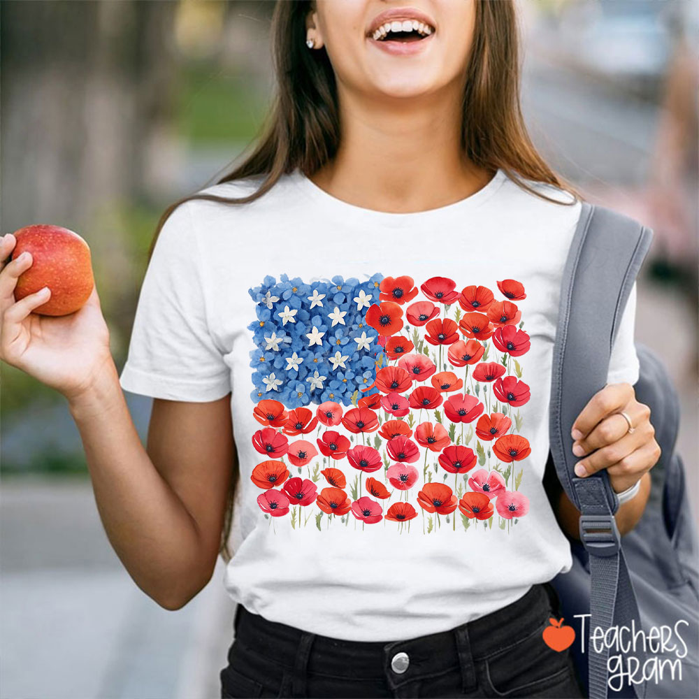 Floral USA Flag 250th Anniversary Teacher T-Shirt