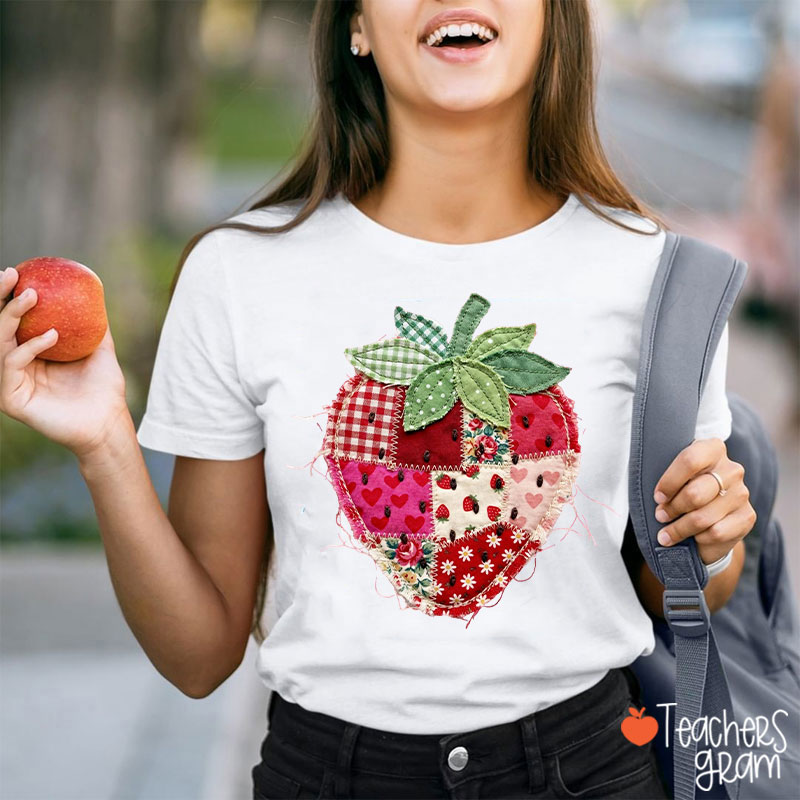 Faux Patchwork Strawberry Teacher T-Shirt