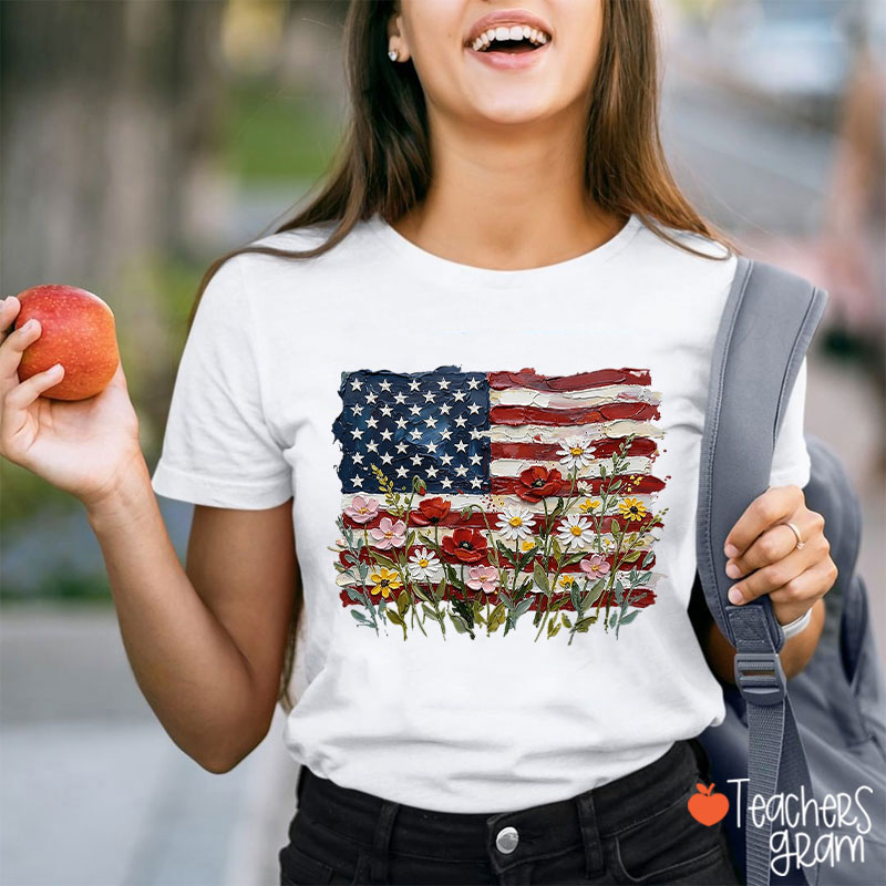 American Flag Floral Teacher T-Shirt