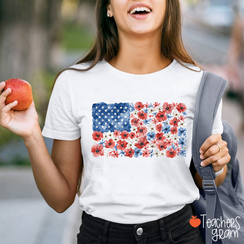 Vintage Floral USA Flag Teacher T-Shirt