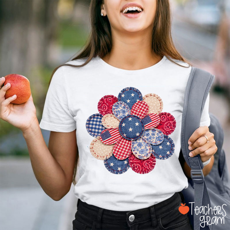 Faux Patchwork American Flag Flower Teacher T-Shirt