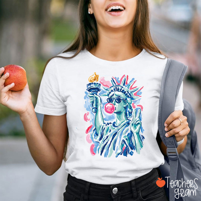 Preppy Statue Of Liberty Blowing Bubble Teacher T-Shirt