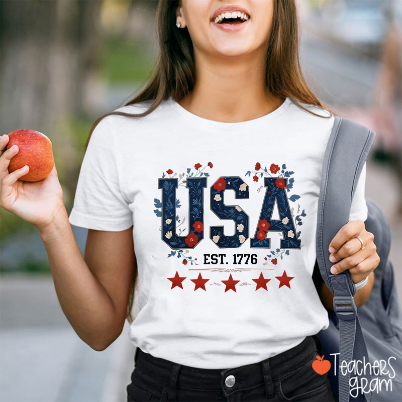 Floral USA Est 1776 Teacher T-Shirt
