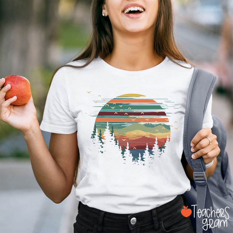 Retro Mountain Sunset Forest And Birds Teacher T-Shirt