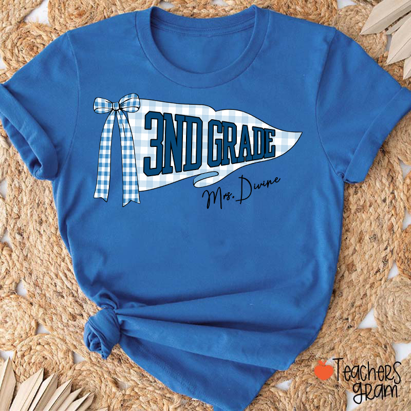 Personalized Grade And Name Gingham Bow Pennant Teacher T-Shirt