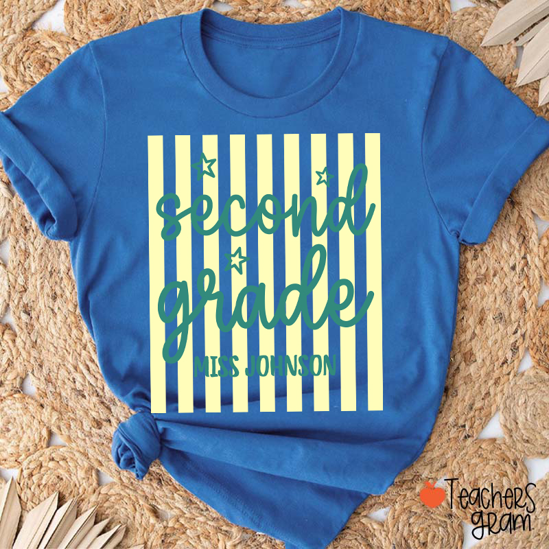 Personalized Grade Blue Gingham Stripes Teacher T-Shirt