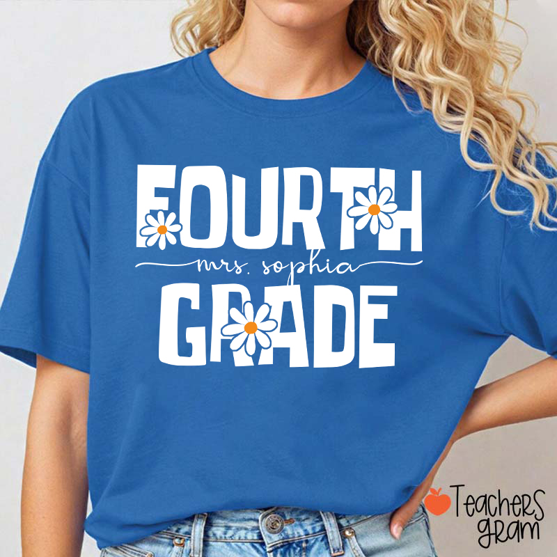 Personalized Name And Grade Daisy Floral Teacher T-Shirt