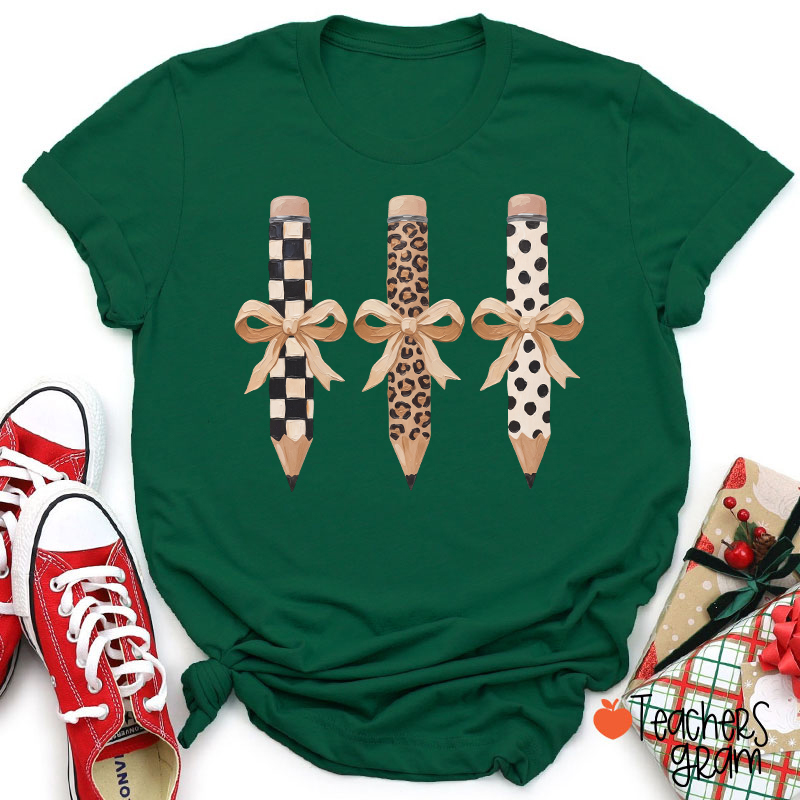 Checkerboard Leopard And Polka Dot Bow Pencil Teacher T-Shirt