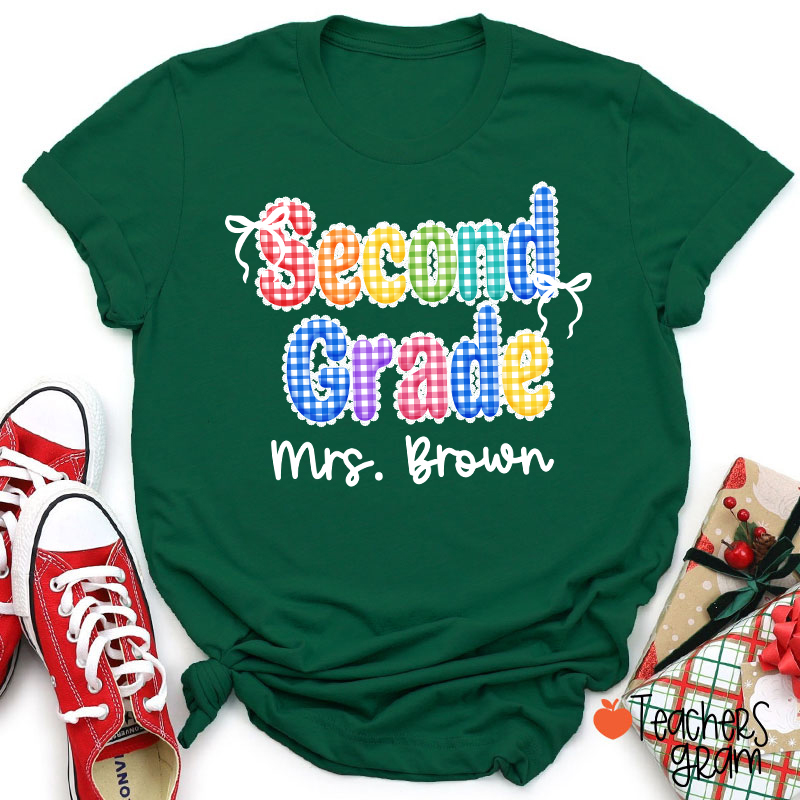 Personalized Grade Name Rainbow Gingham Teacher T-Shirt