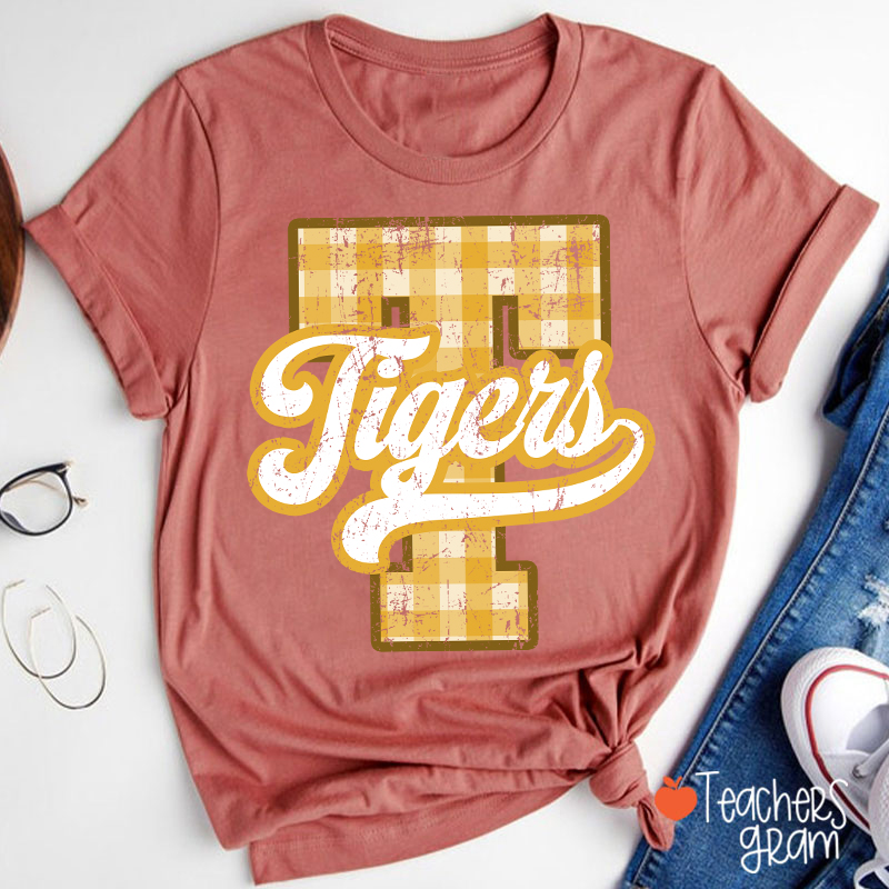 Personalized Mascot Sport Gingham Varsity Teacher T-Shirt