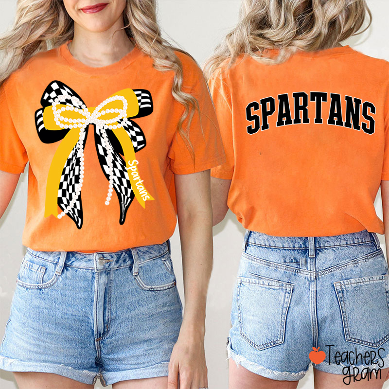 Personalized Mascot Varsity Curved Bow Theme Teacher Two Sided T-Shirt
