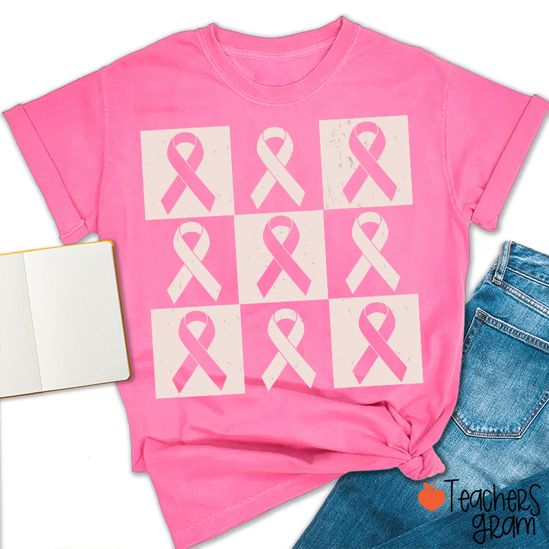 Pink Ribbon Breast Cancer Awareness Teacher T-Shirt