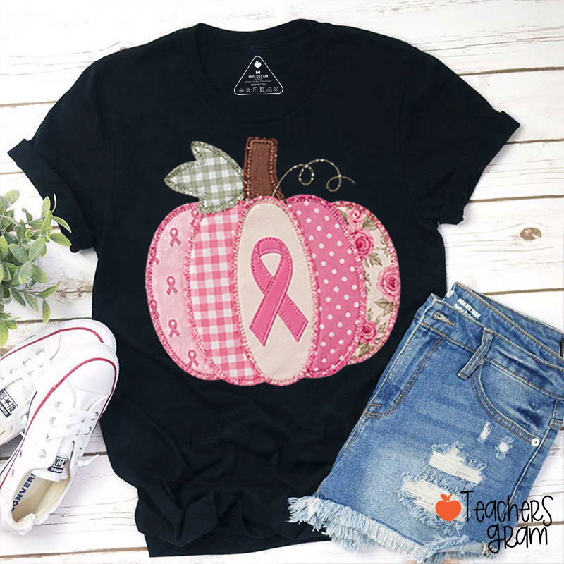 Pink Faux Patchwork Pumpkin Ribbon Teacher T‑Shirt