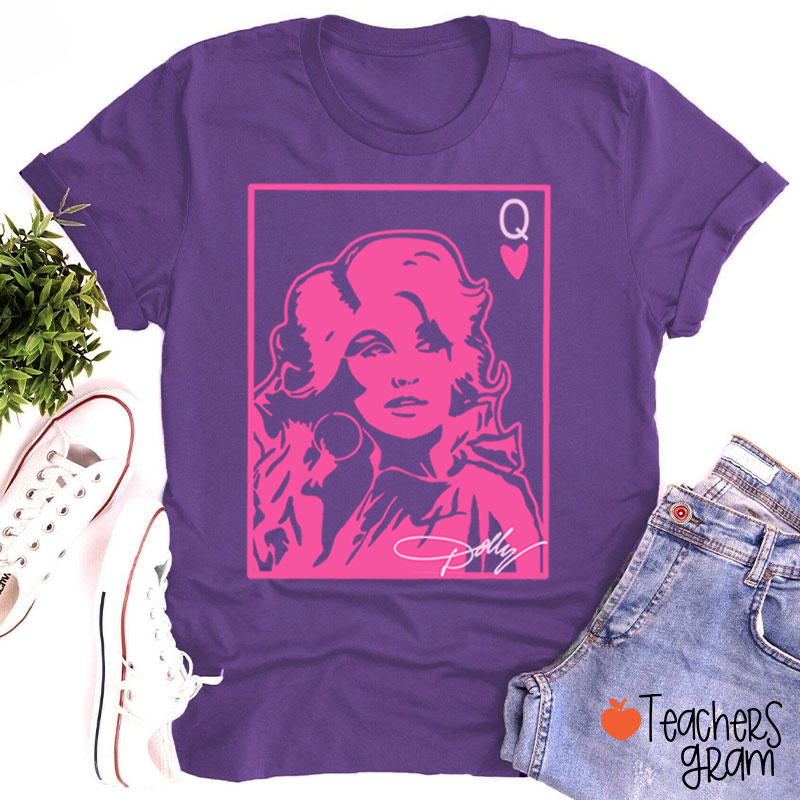 Dolly Queen Of Hearts Poker Card Pink Portrait Country Music Teacher T-Shirt