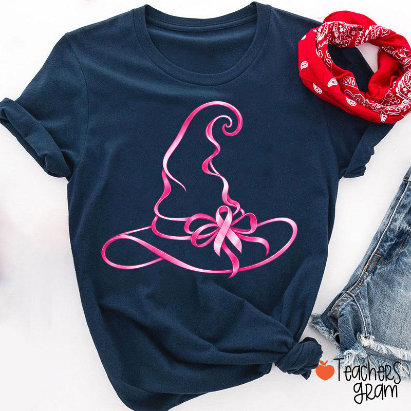 Halloween Witch Hat Pink Ribbon Breast Cancer Support Teacher T‑Shirt