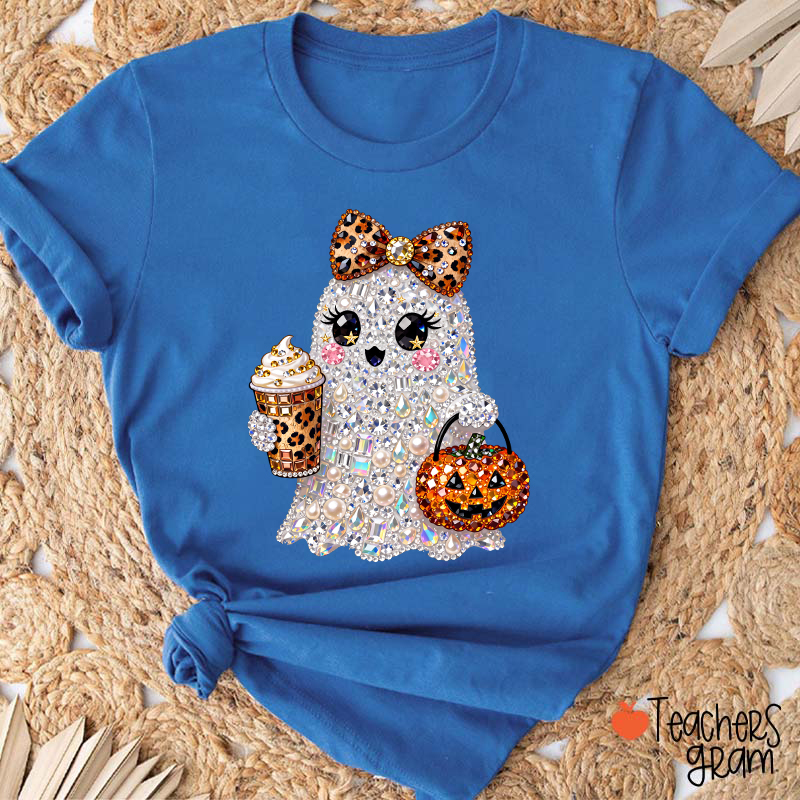 Faux Rhinestone Ghost Leopard Bow Coffee Pumpkin Teacher T-Shirt