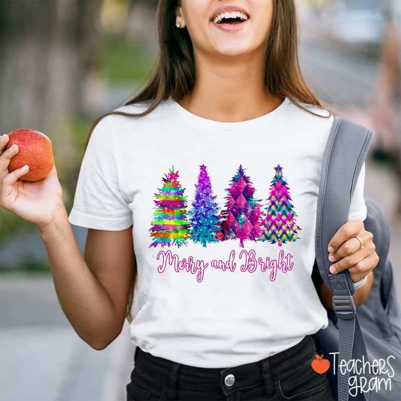 Merry And Bright Colorful Christmas Tree Teacher T-Shirt