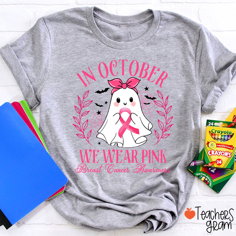 Halloween Ghost Breast Cancer Awareness Teacher T-Shirt