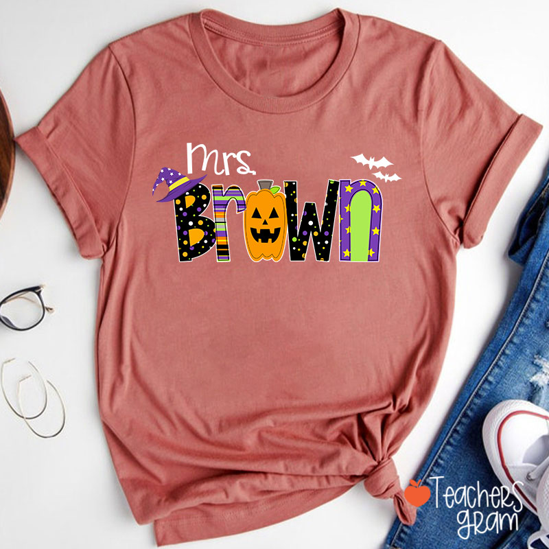 Personalized Name Pumpkin Halloween Teacher T-Shirt