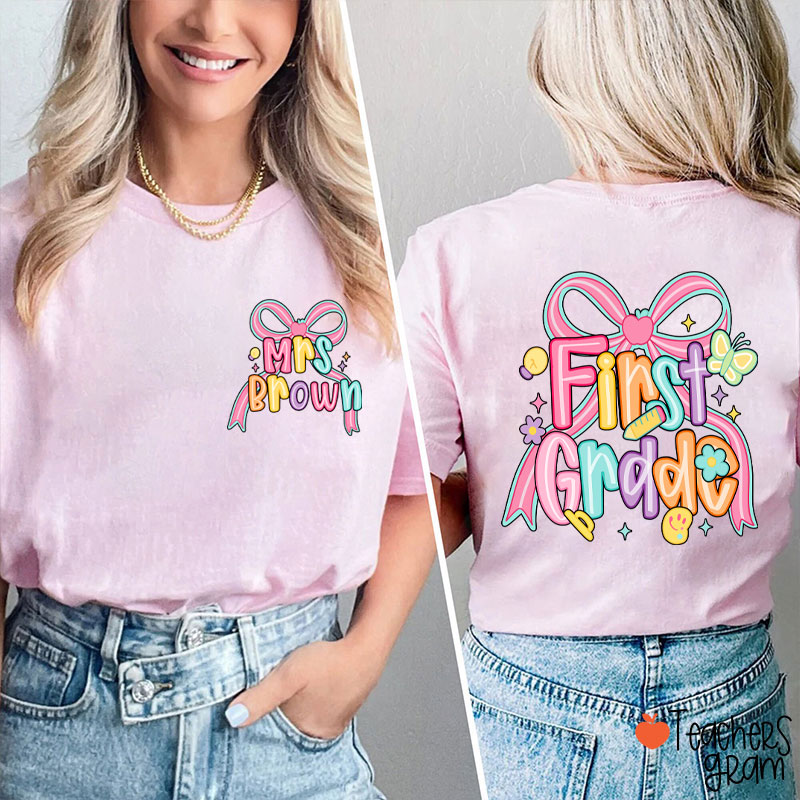 Personalized Name And Grade Pink Bow Teacher Two Sided T-Shirt