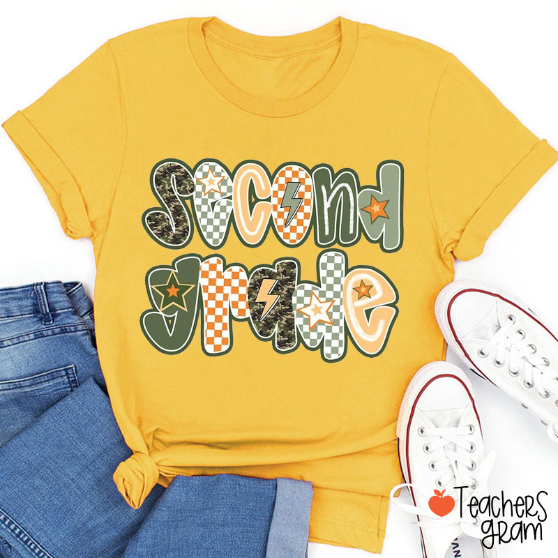 Personalized Grade Green Checkerboard Star Lightning Teacher T-Shirt