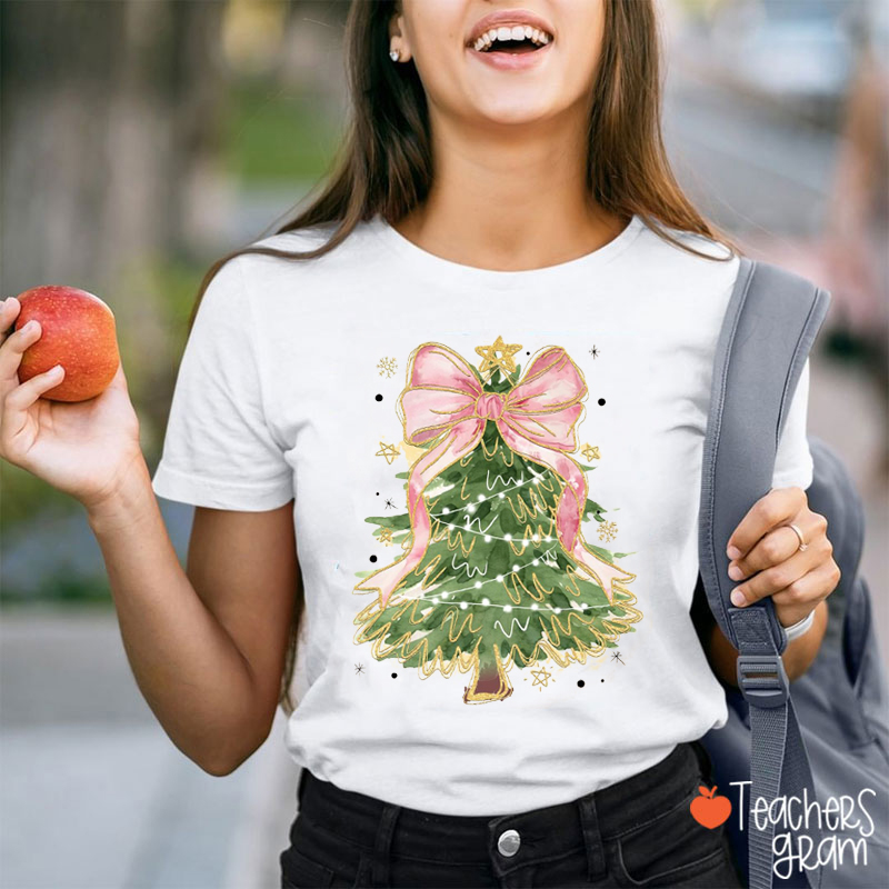 Pink Bow Christmas Tree Teacher T-Shirt
