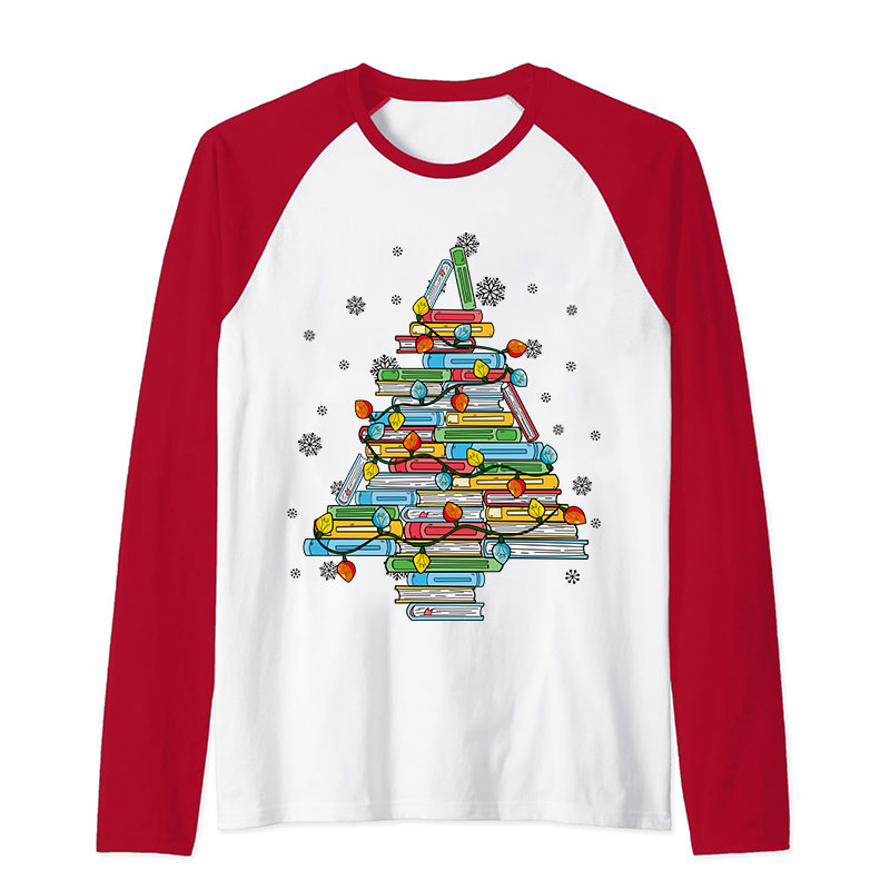 Christmas Books Tree Teacher Raglan Long Sleeve T-Shirt
