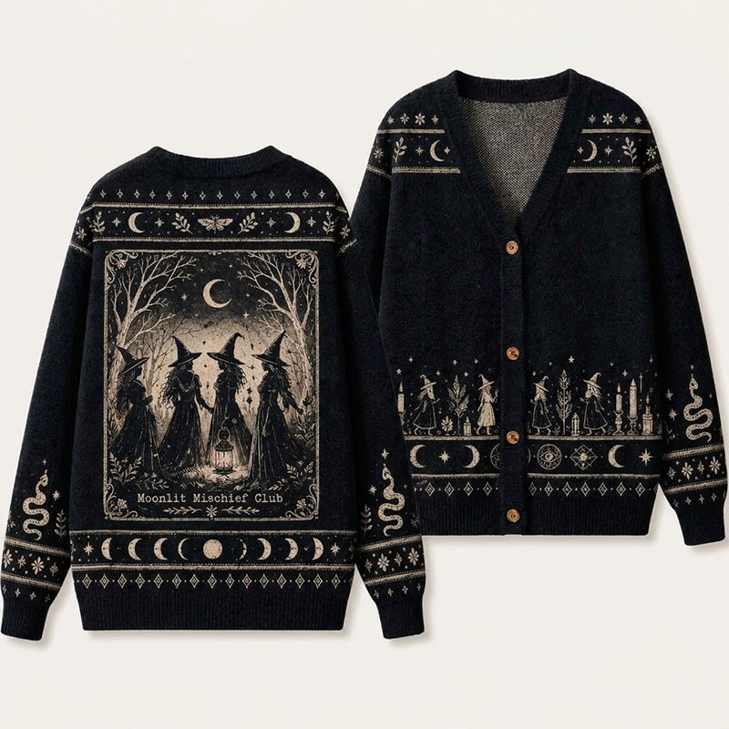 The Forest Witch Beneath The Crescent Moon Teacher Ugly Cardigan Sweaters