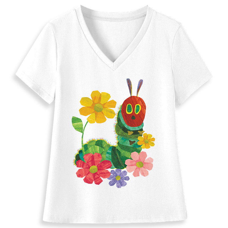Flowers And The Very Hungry Caterpillar Teacher Female V-Neck T-Shirt