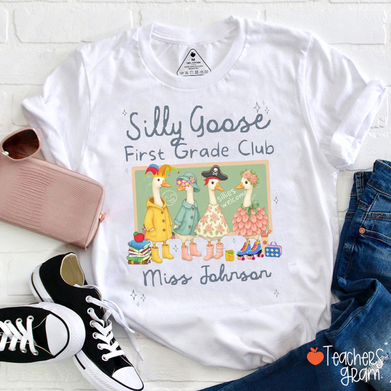 Personalized Grade Name Silly Goose Cartoon Classroom Print Teacher T-Shirt