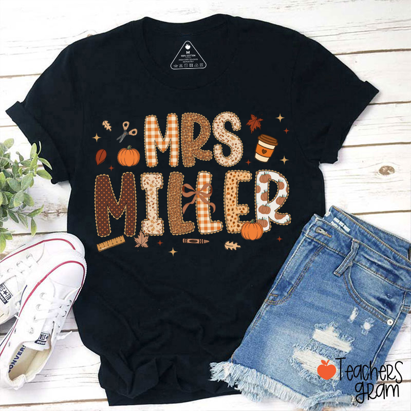 Personalized Name Teacher Fall Pumpkin Teacher T-Shirt