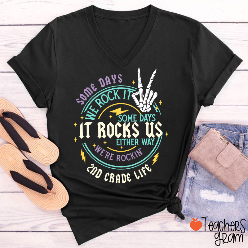 Personalized Grade Rock This School Teacher Female V-Neck T-Shirt