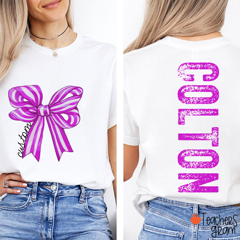 Personalized Mascot And Name Striped Bow Teacher Two Sided T-Shirt