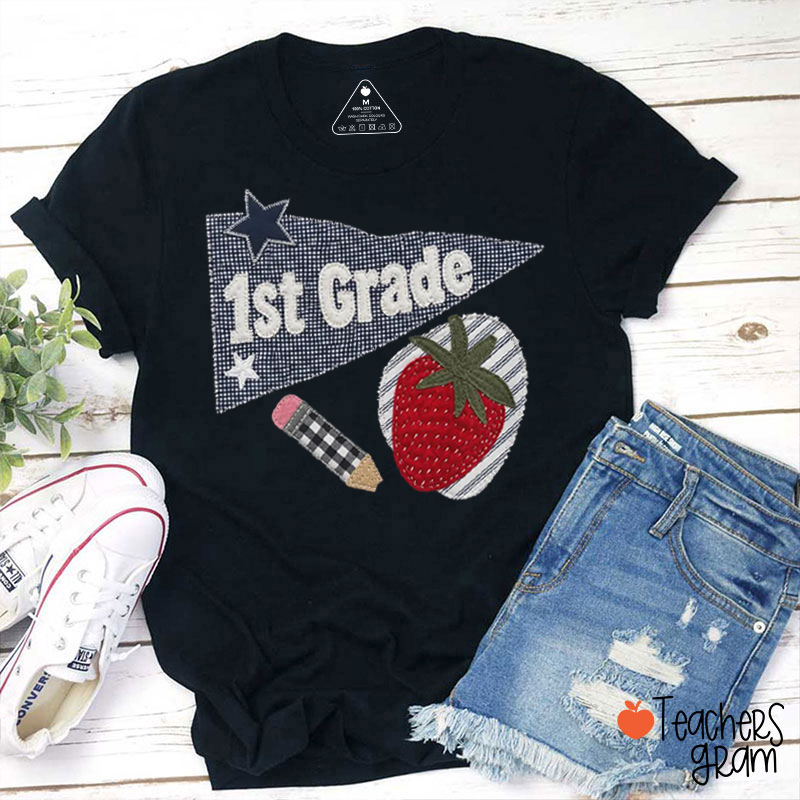 Personalized Grade Faux Patchwork Pennant Strawberry Pencil Teacher T-Shirt