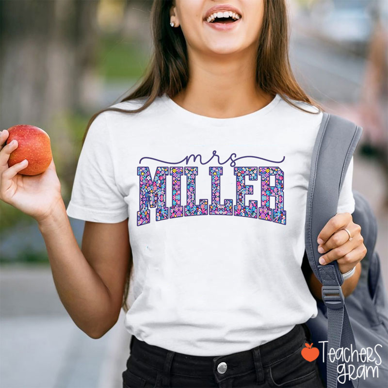 Personalized Name Floral Purple Teacher T-Shirt