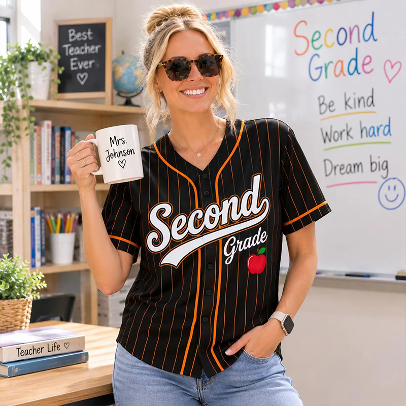 Personalized Grade Pinstripe Apple Mesh Teacher Baseball Jersey