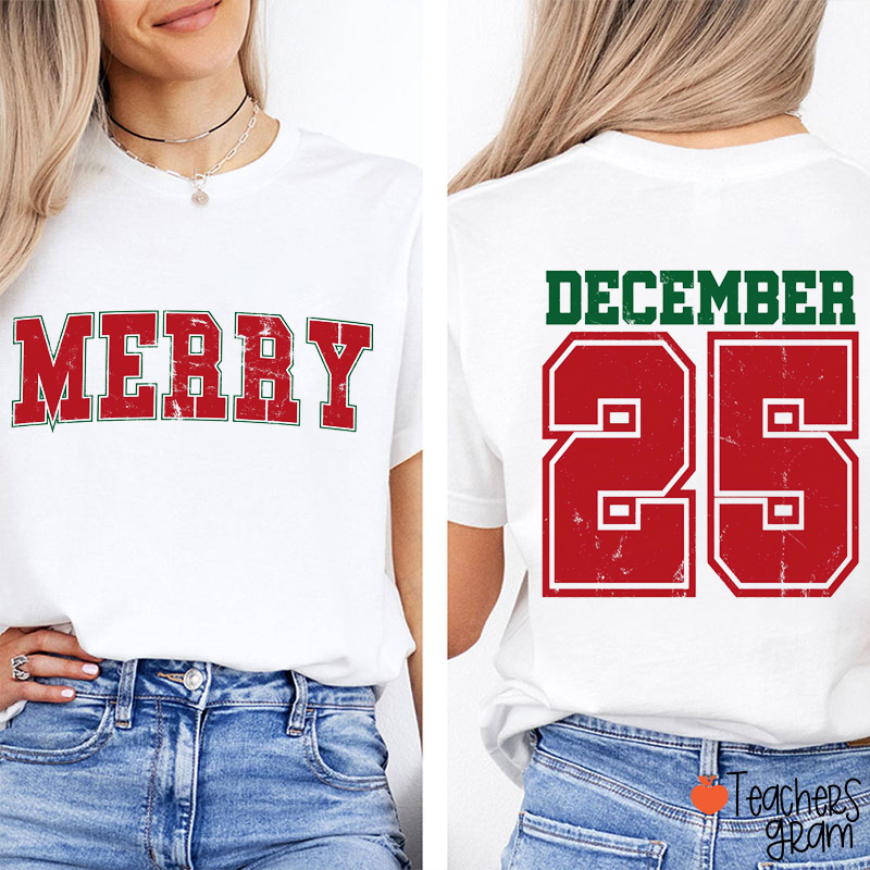Personalized Name And Number Merry Teacher Two Sided T-Shirt