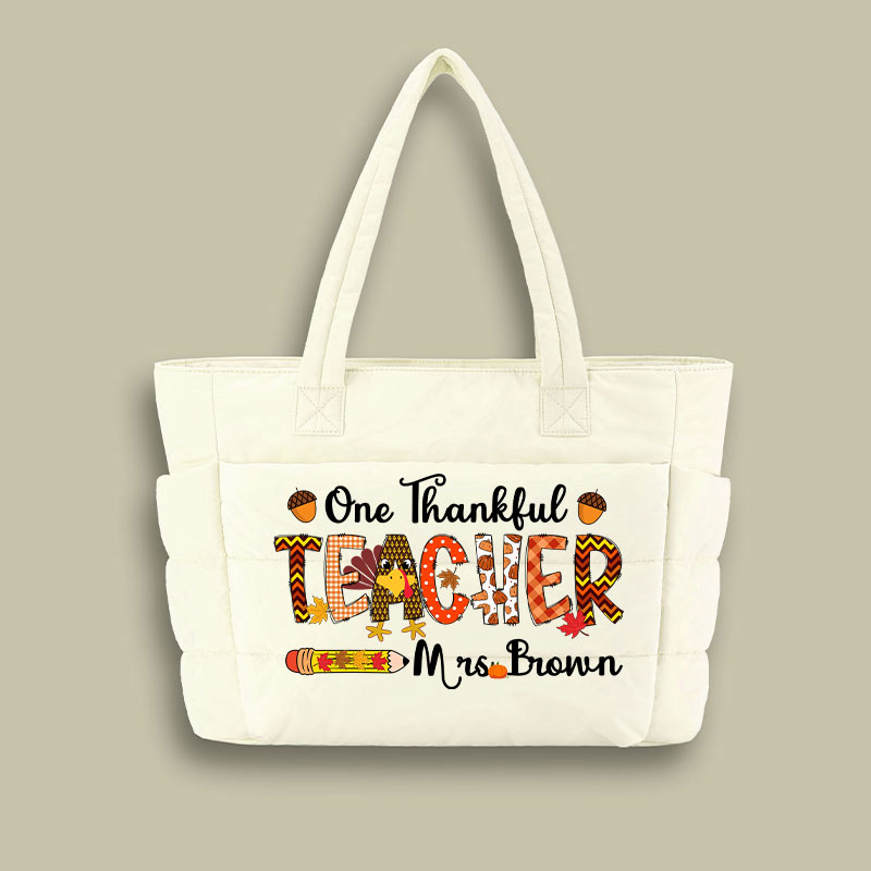 Personalized Name One Thankful Teacher Puffy Tote Bag
