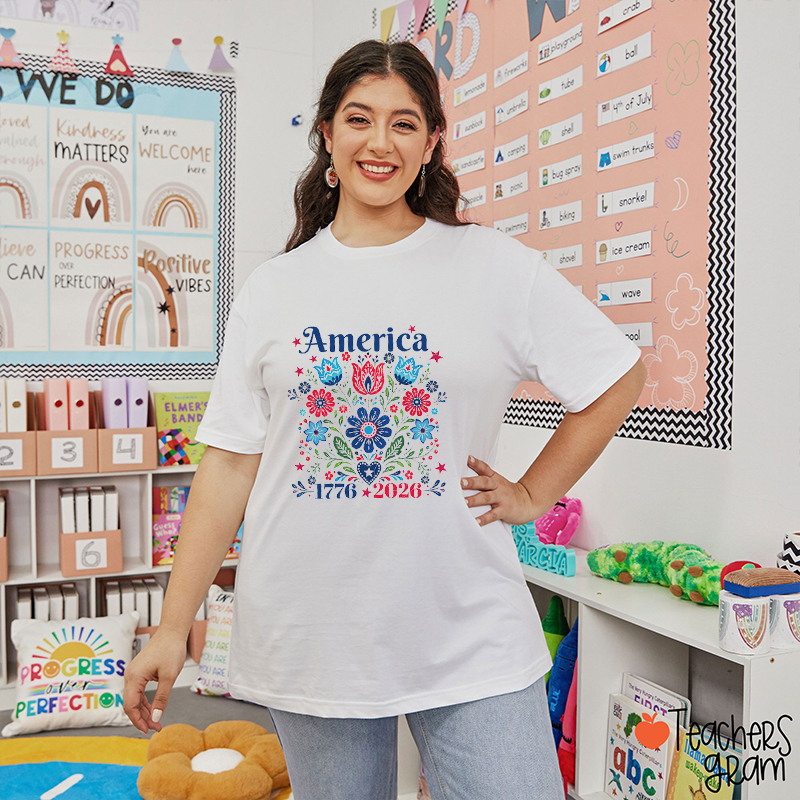 America 250 Floral Folk Art Teacher T-Shirt