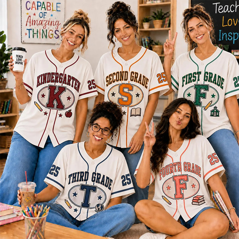 Personalized Grade Initial Letter Contrast Piping Vintage Teacher Baseball Jersey