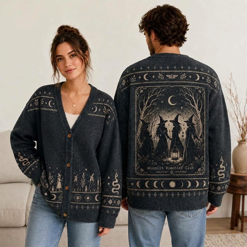 The Forest Witch Beneath The Crescent Moon Teacher Ugly Cardigan Sweaters
